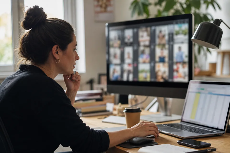 Marketer comparing vertical video ads and their results on two screens
