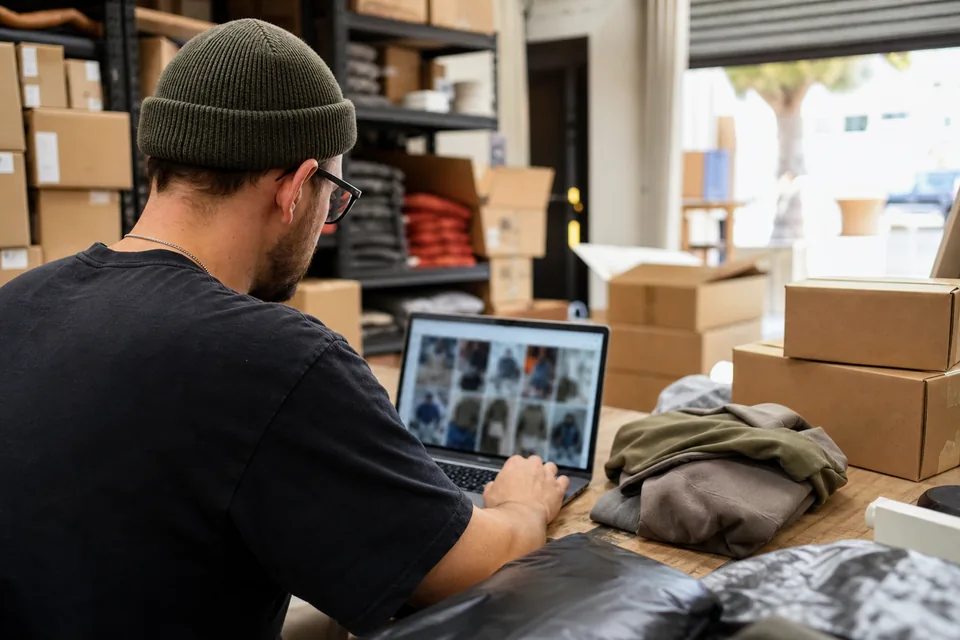 Founder of a small apparel brand reviewing short video ads on a laptop next to packed orders