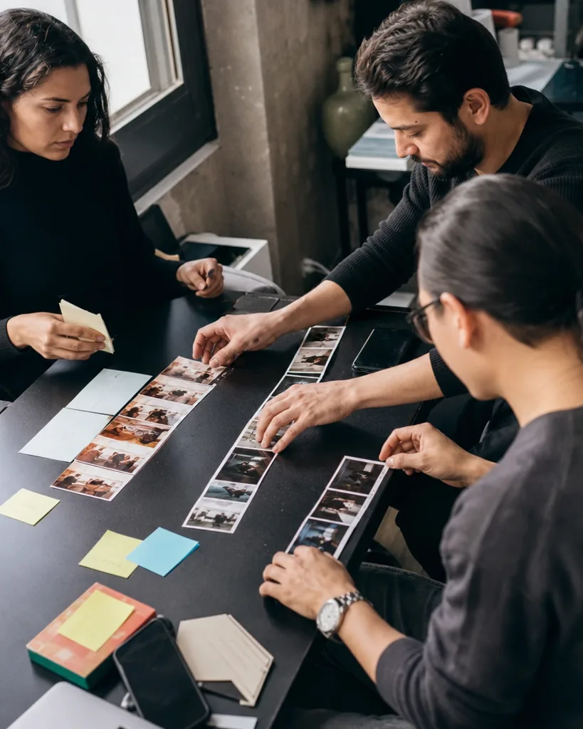 Agency team sorting printed ad storyboards on a meeting table