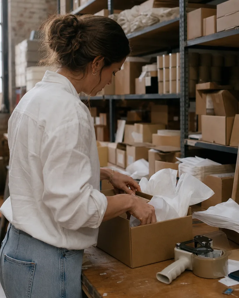 Founder of a small online brand packing orders into shipping boxes at a workbench