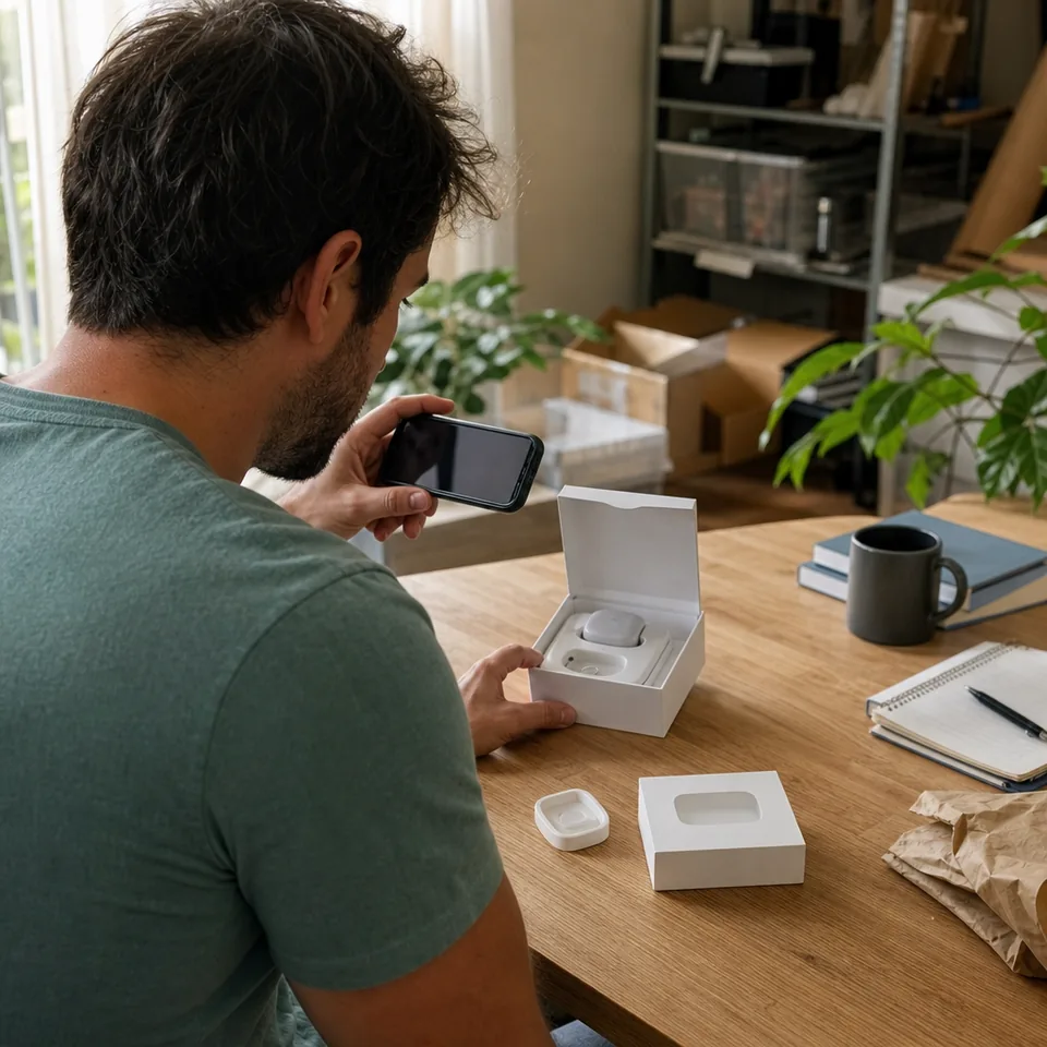 Adult man unboxing a small gadget at a desk and filming it on his phone