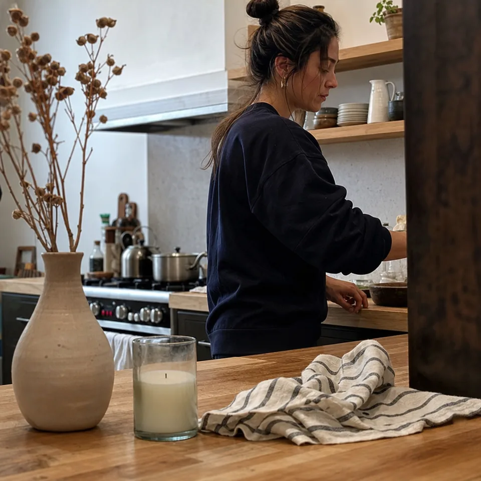 Ceramic vase, candle and kitchen towel styled on a wooden counter
