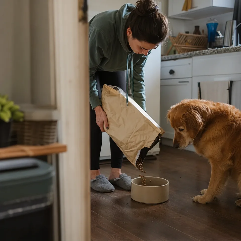 Adult dog owner pouring kibble into a bowl for a calm golden retriever