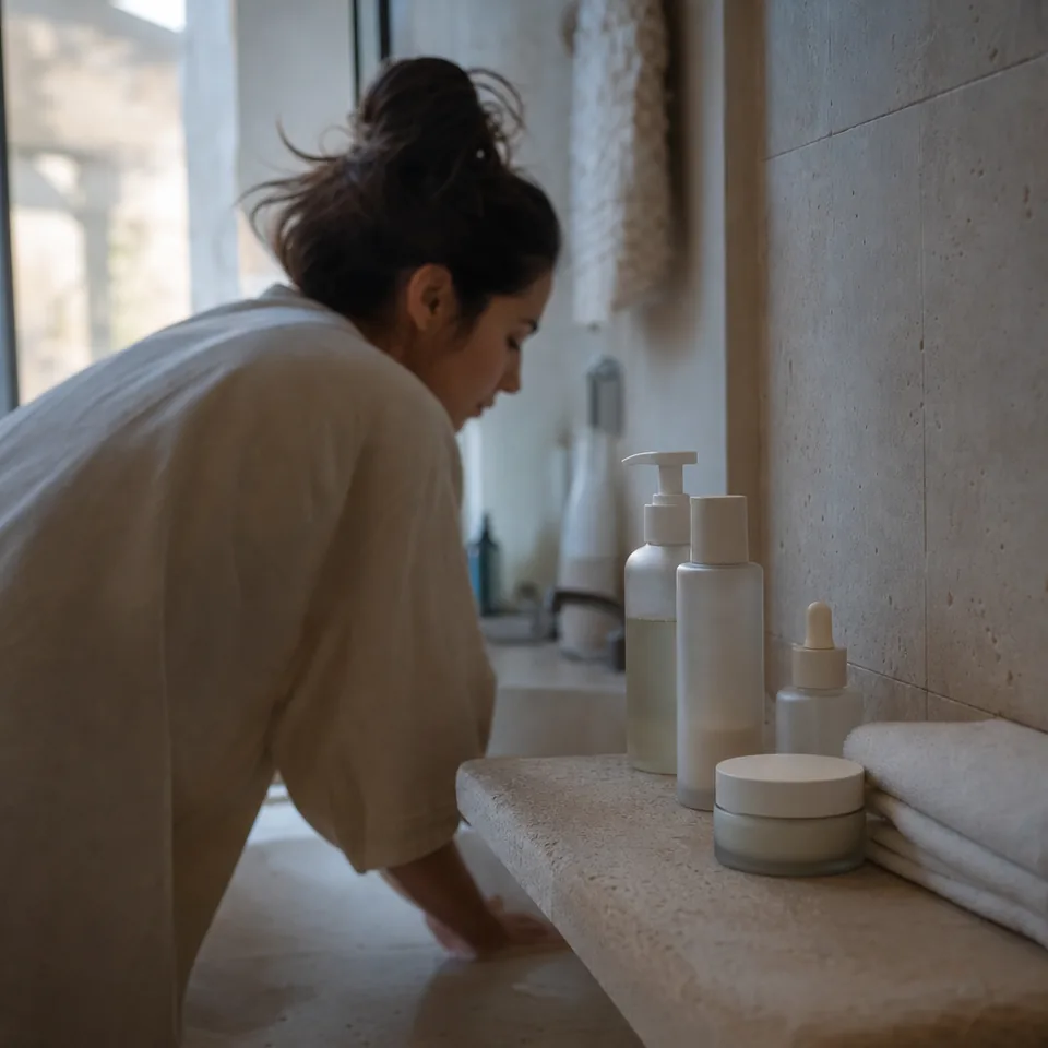 Skincare products and a hand towel on a bathroom shelf in soft daylight