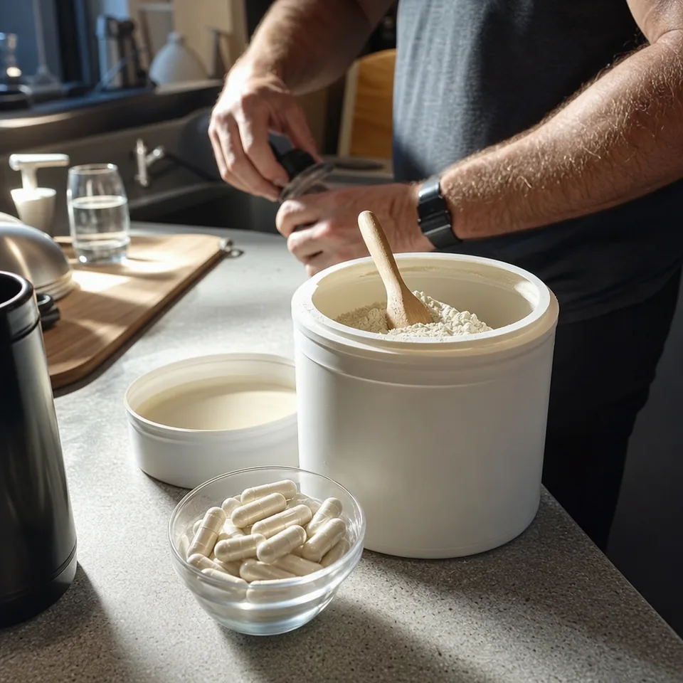 Supplement capsules and a powder tub on a kitchen counter