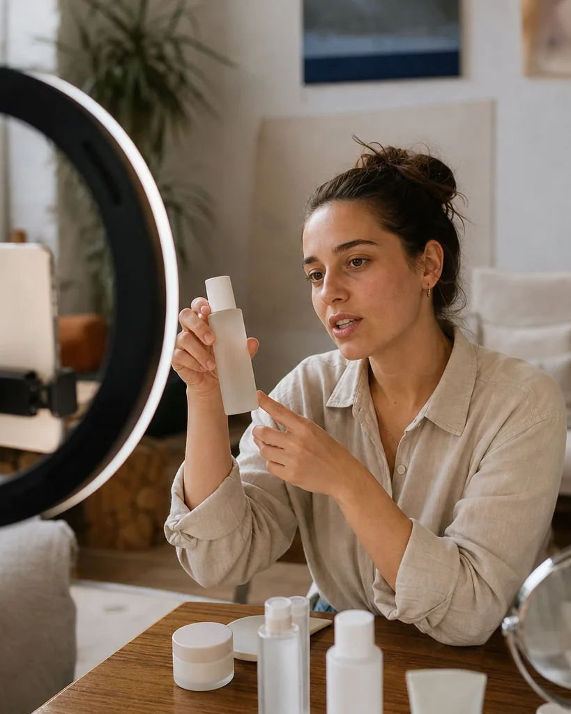 Adult creator filming a selfie-style product video with a phone and a ring light at home