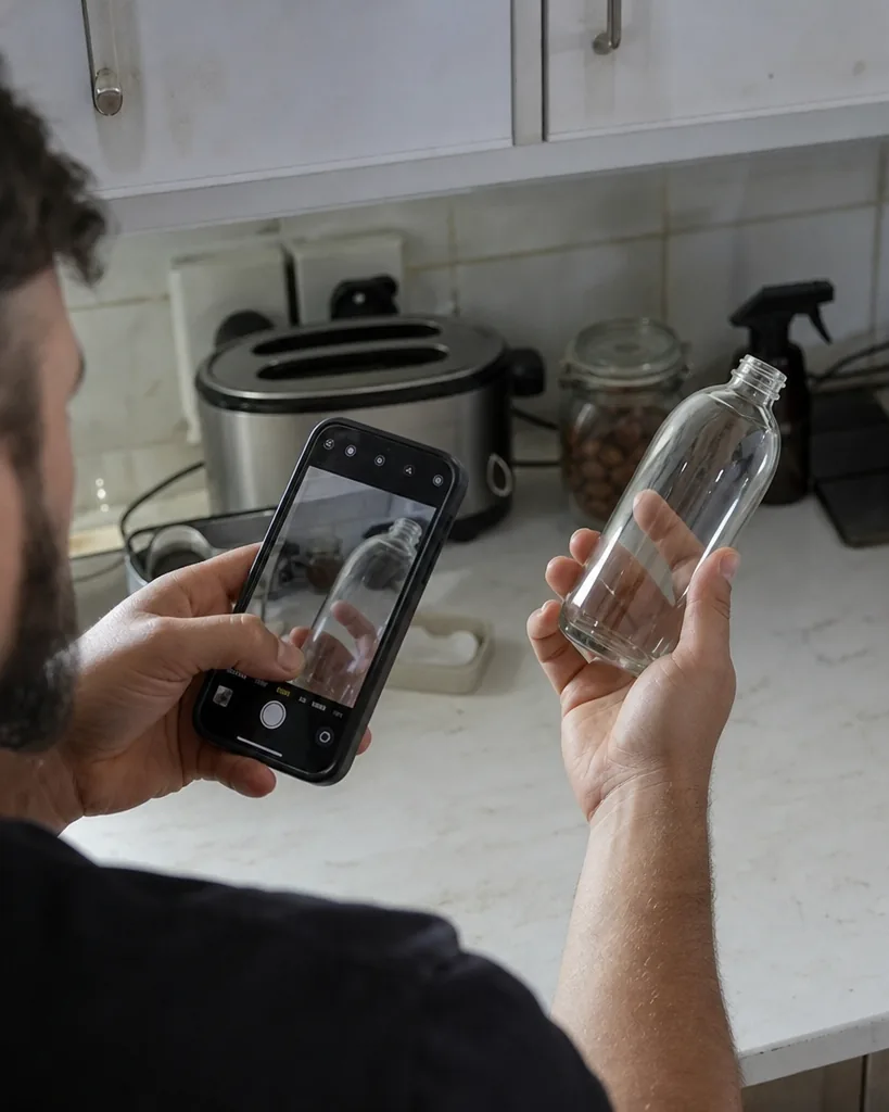 Hands holding a product while filming it with a smartphone over a kitchen counter