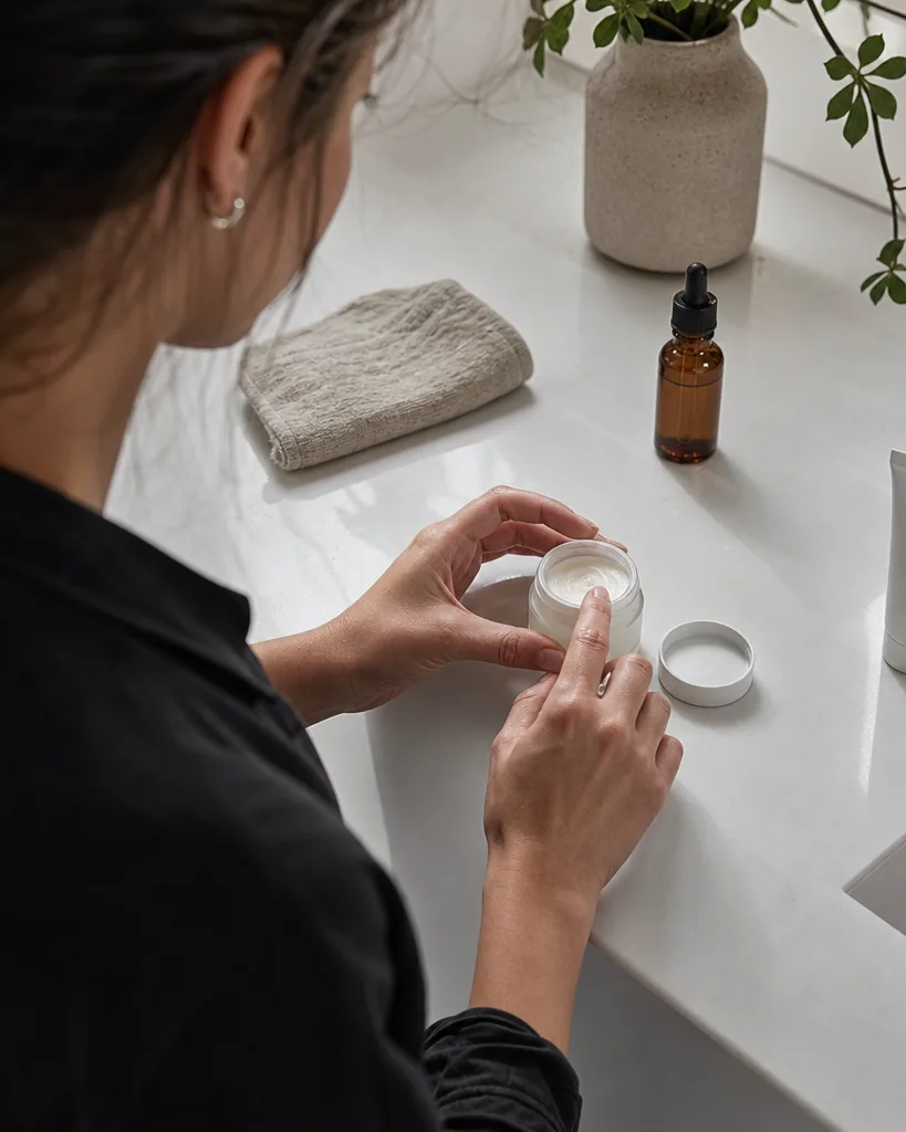 Skincare bottles, a serum dropper and a jar arranged top-down on a white tabletop