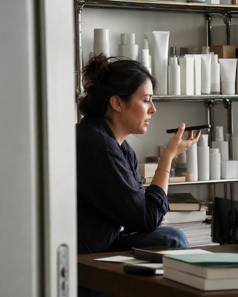 Agency strategist recording a voice note about a client creative in a studio