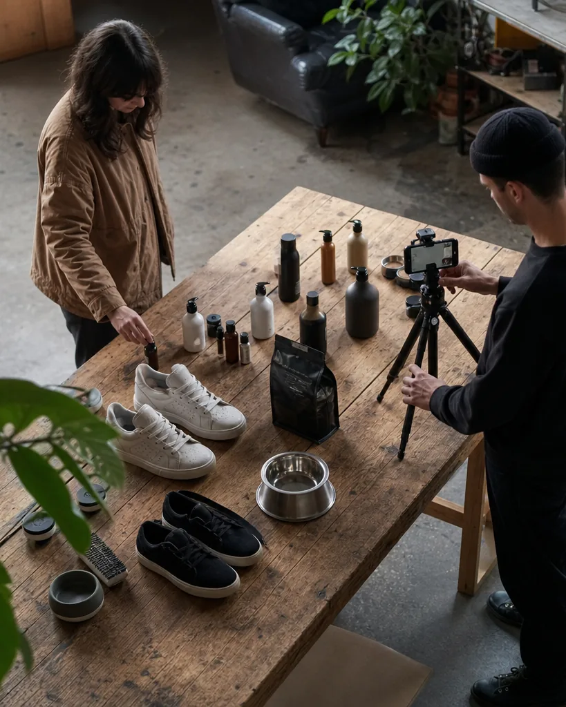 Product samples from several client brands laid out for a shoot