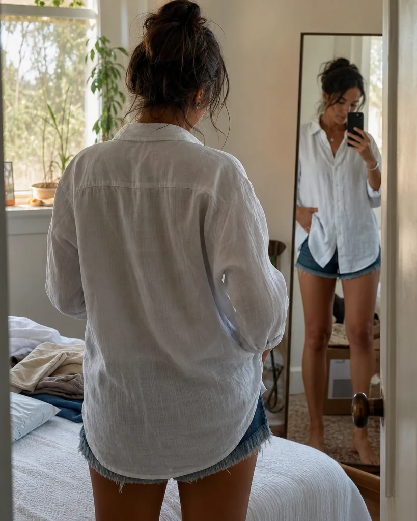 Adult woman filming a try-on of a linen shirt in a bedroom mirror with her phone