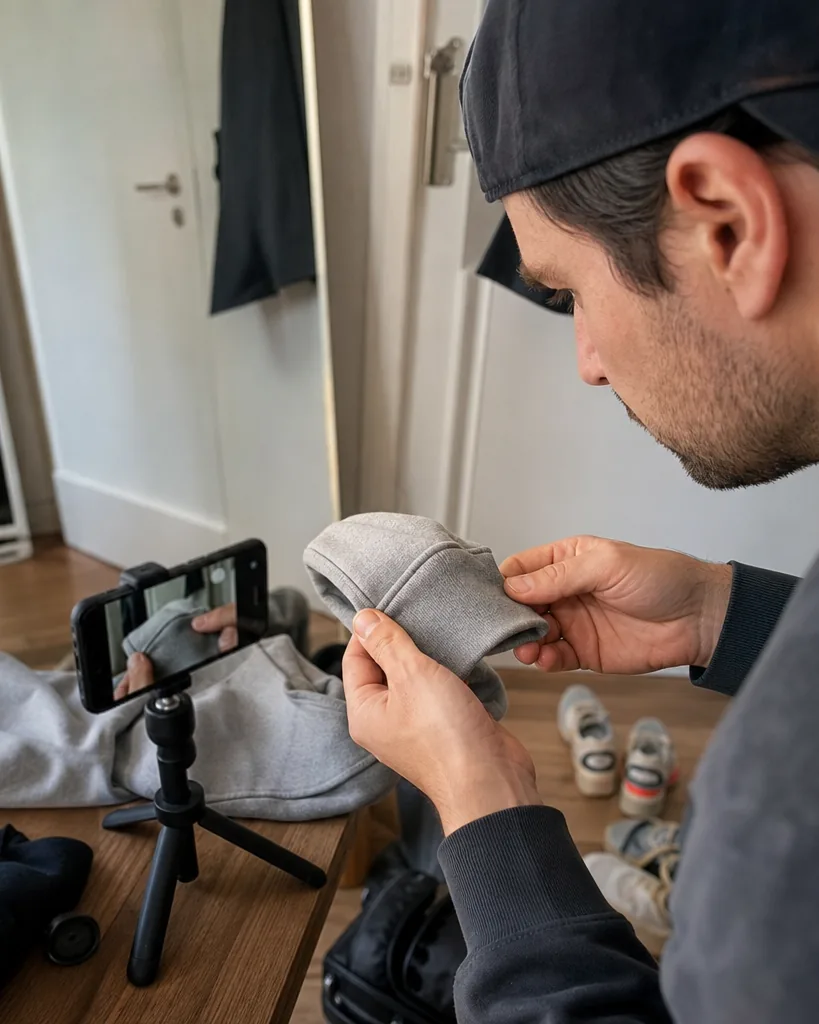 Adult man showing the fabric and stitching of a hoodie to his phone camera in a hallway