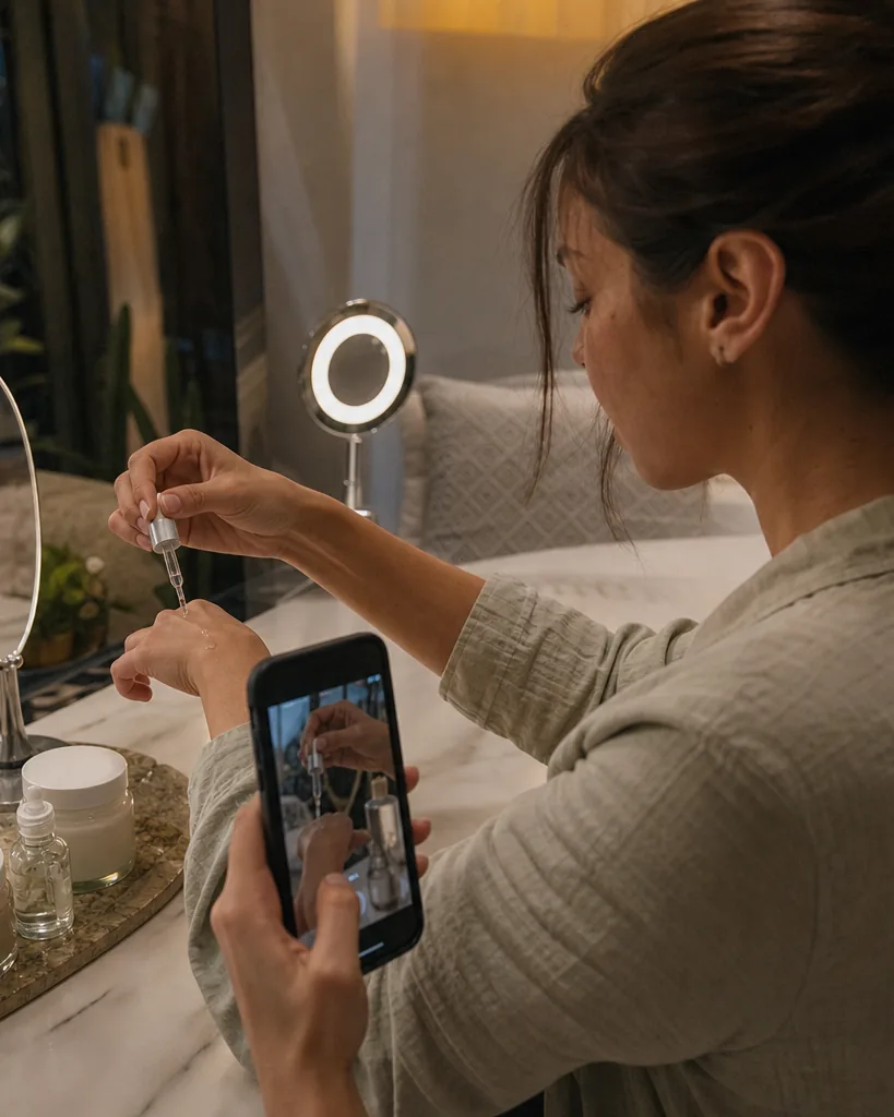 Adult woman pumping serum onto the back of her hand while filming it on her phone at a vanity