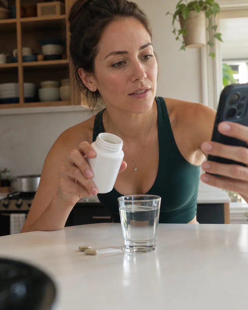 Adult woman filming a morning supplement routine on her phone in a sunny kitchen