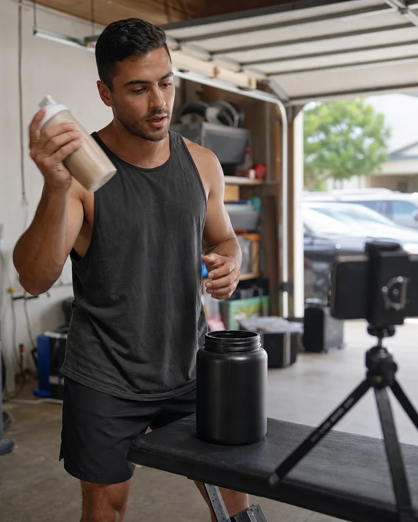Adult man talking to his phone camera while shaking a protein drink in a garage gym