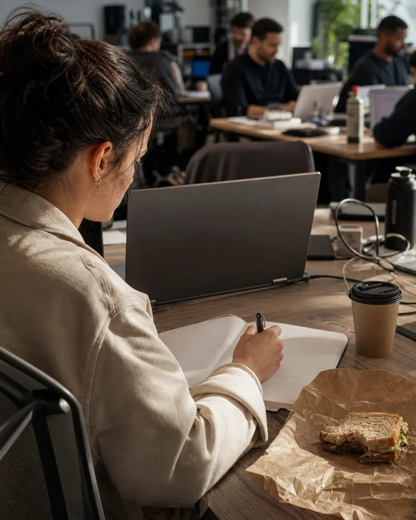 Media buyer sketching a test budget on a paper notepad next to a laptop