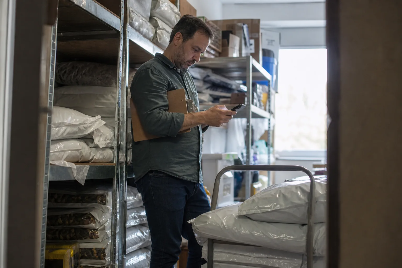 Brand owner pausing an ad from a phone while standing in a stockroom