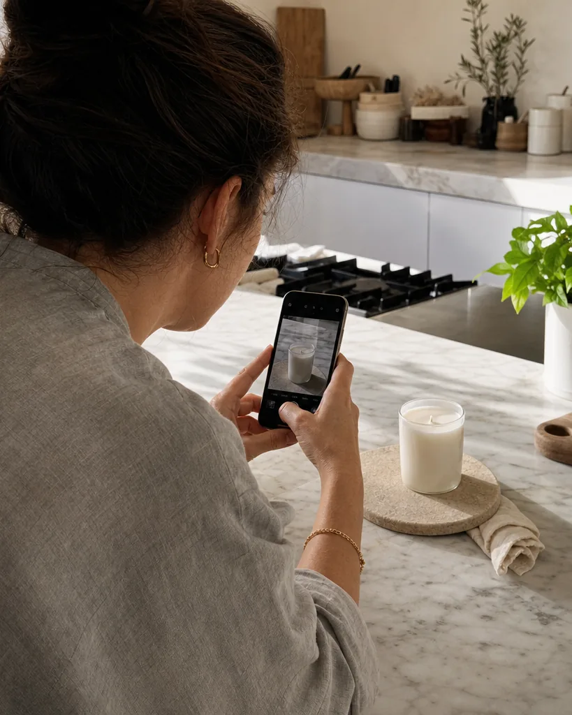 Small brand owner filming a plain unbranded candle on a kitchen counter with a phone