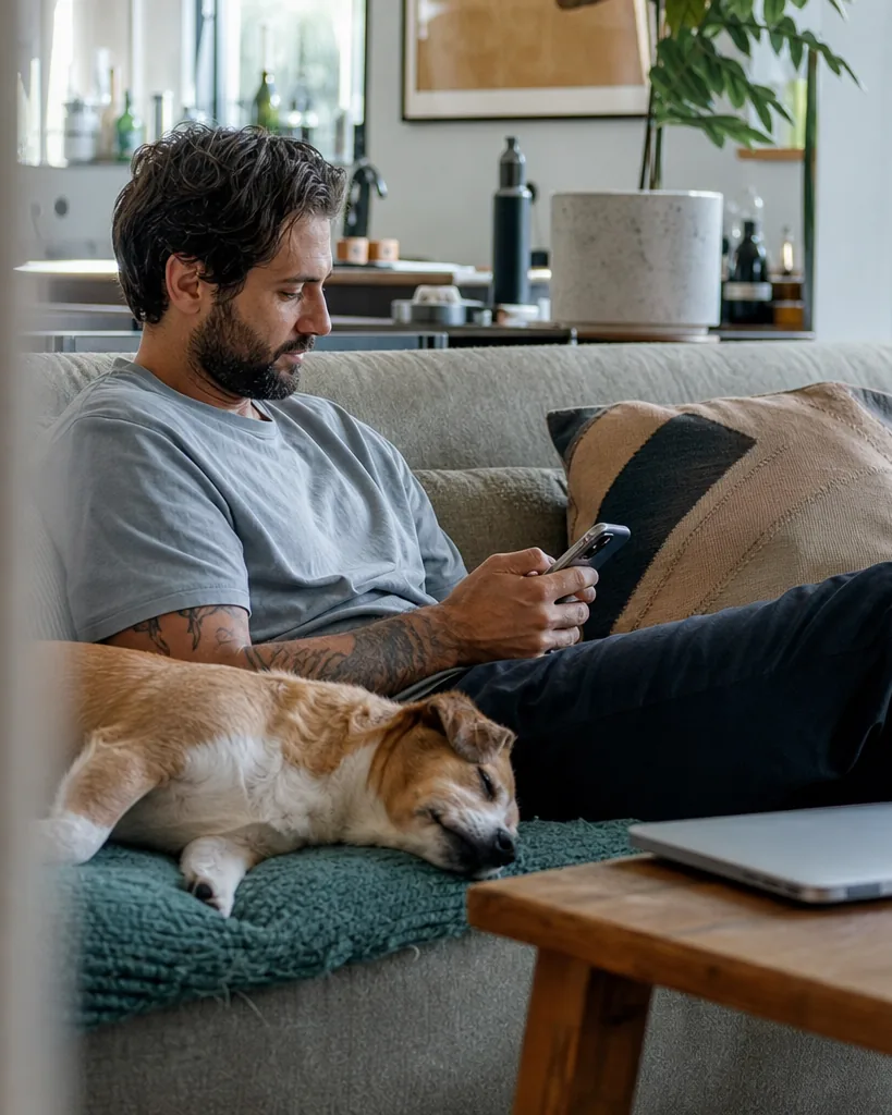 Freelance media buyer checking ad results on a phone on the couch on a Saturday