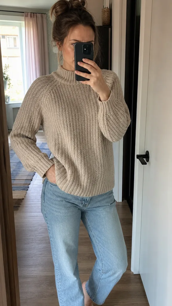 Creator trying on a knit sweater in a hallway mirror